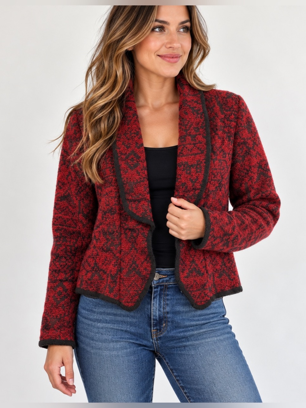 Vintage Woolrich Women’s Small Red Black Wool Blend Southwestern Cardigan Jacket